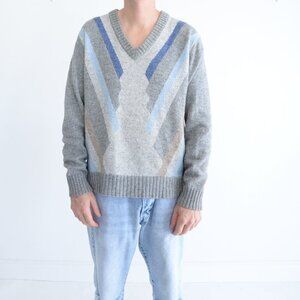 Vintage Hedgely Gray Blue 30% Wool Eclectic Grandpa V Neck Preppy Knit Sweater L